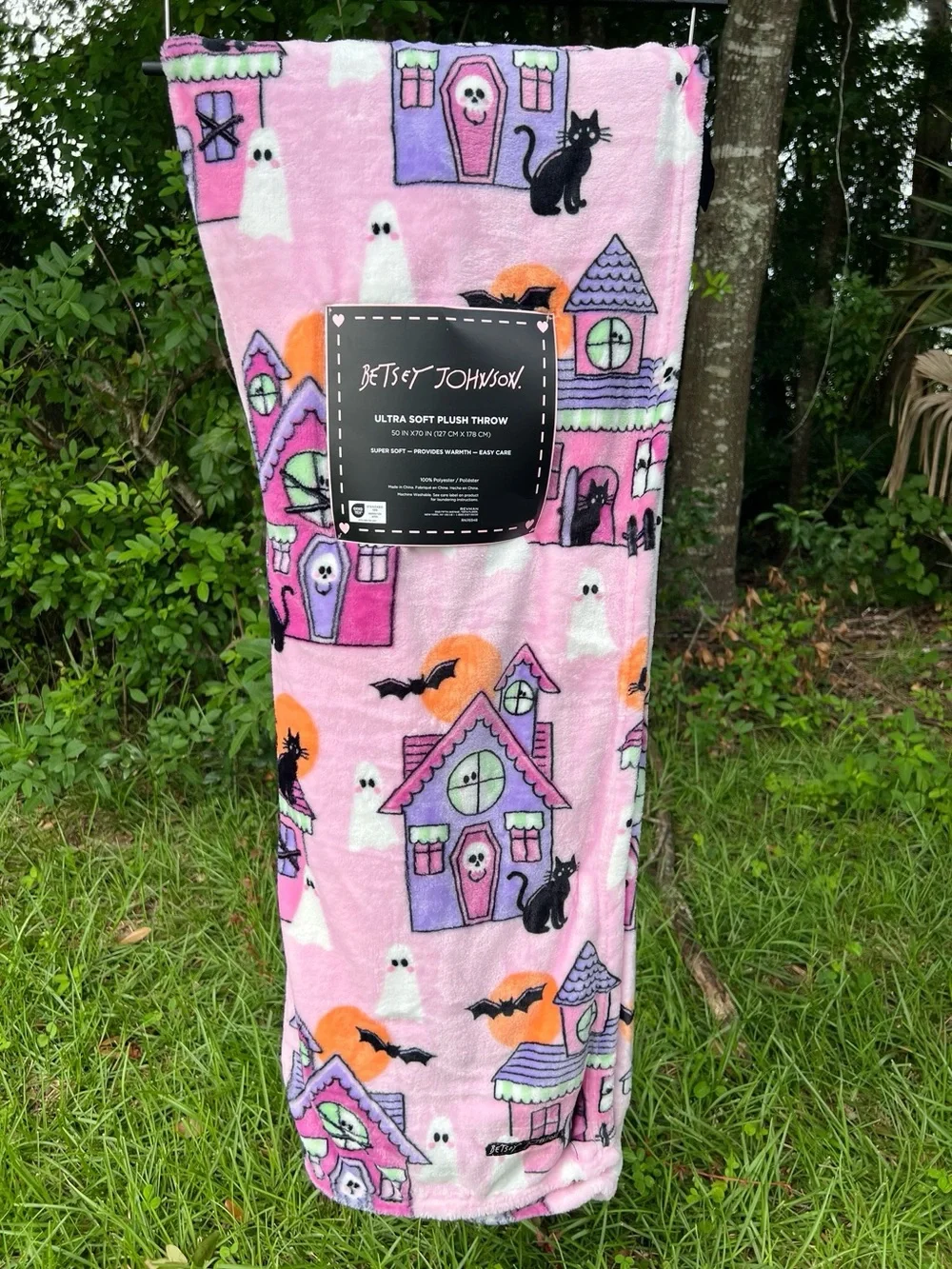 Betsey Johnson Halloween 2026 Haunted House Cat Bat Ghost Throw Blanket NEW